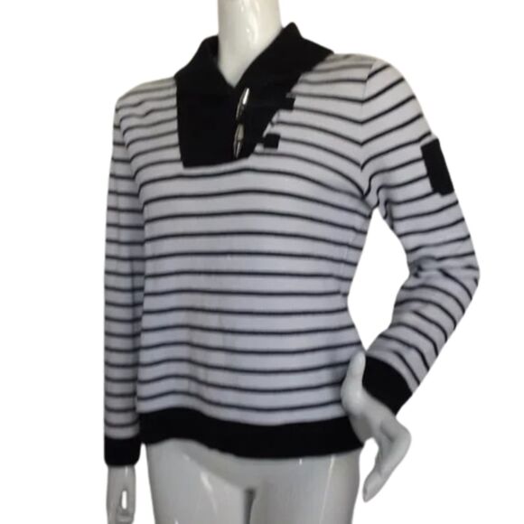 LAUREN RALPH LAUREN Sweater, L Black/White stripes, Shawl Collar/Toggle buttons - Picture 3 of 12